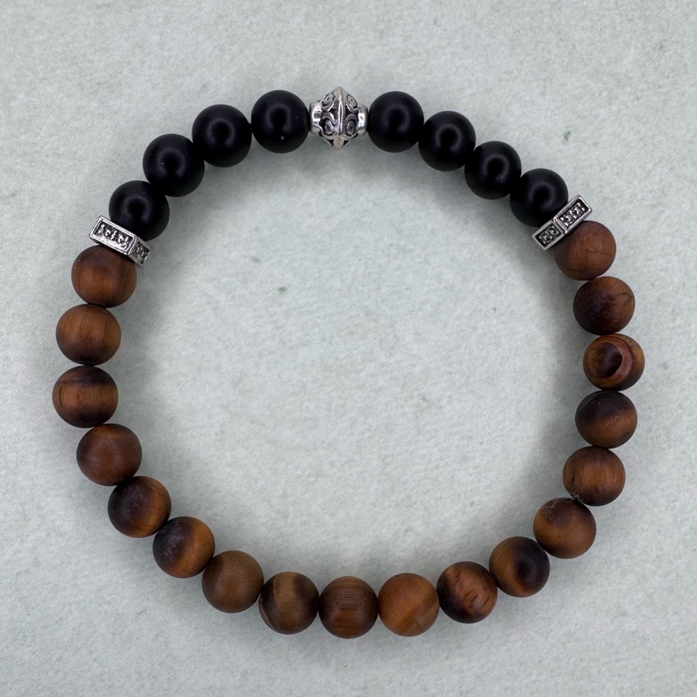 HAND CRAFTED Matte Onyx & Tiger Eye Beaded Stretch Bracelet 6.0” Circumference
